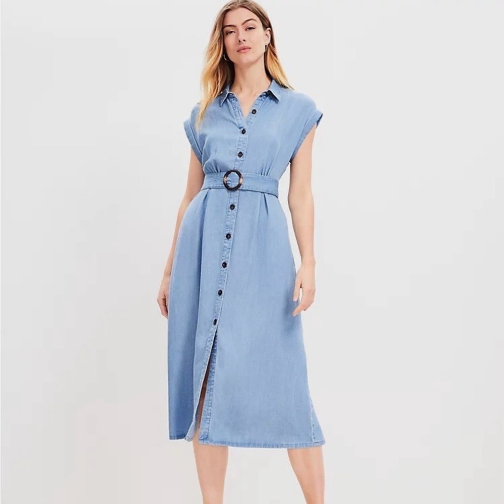 LOFT Chambray Denim Belted Shirt Dress Size 6P Petite